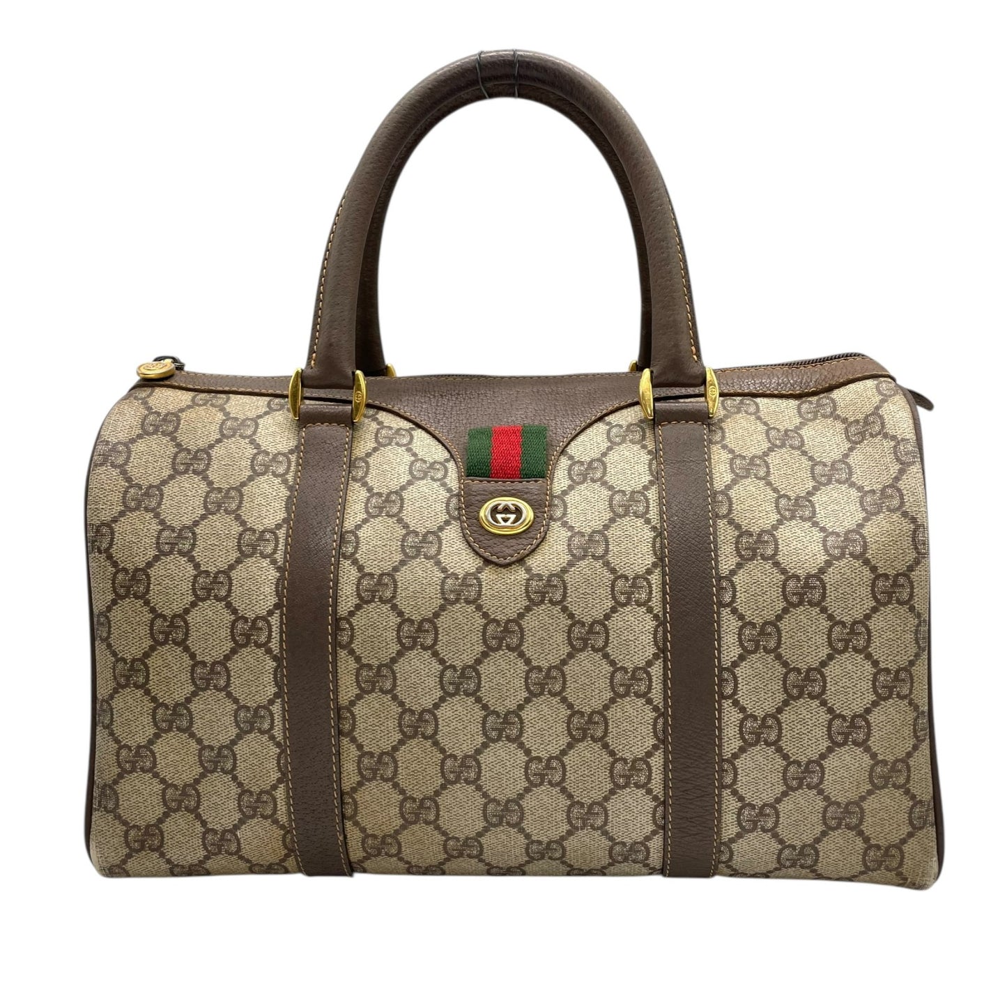 グッチ GUCCI オールドグッチ シェリーライン GGスプリーム ミニボストンバッグ PVC レザー ベージュ ブラウン ゴールド金具 ビンテージ クラシック エレガント 希少 レア イタリア製 インターロッキングGG ロゴ 自立可 レディース E