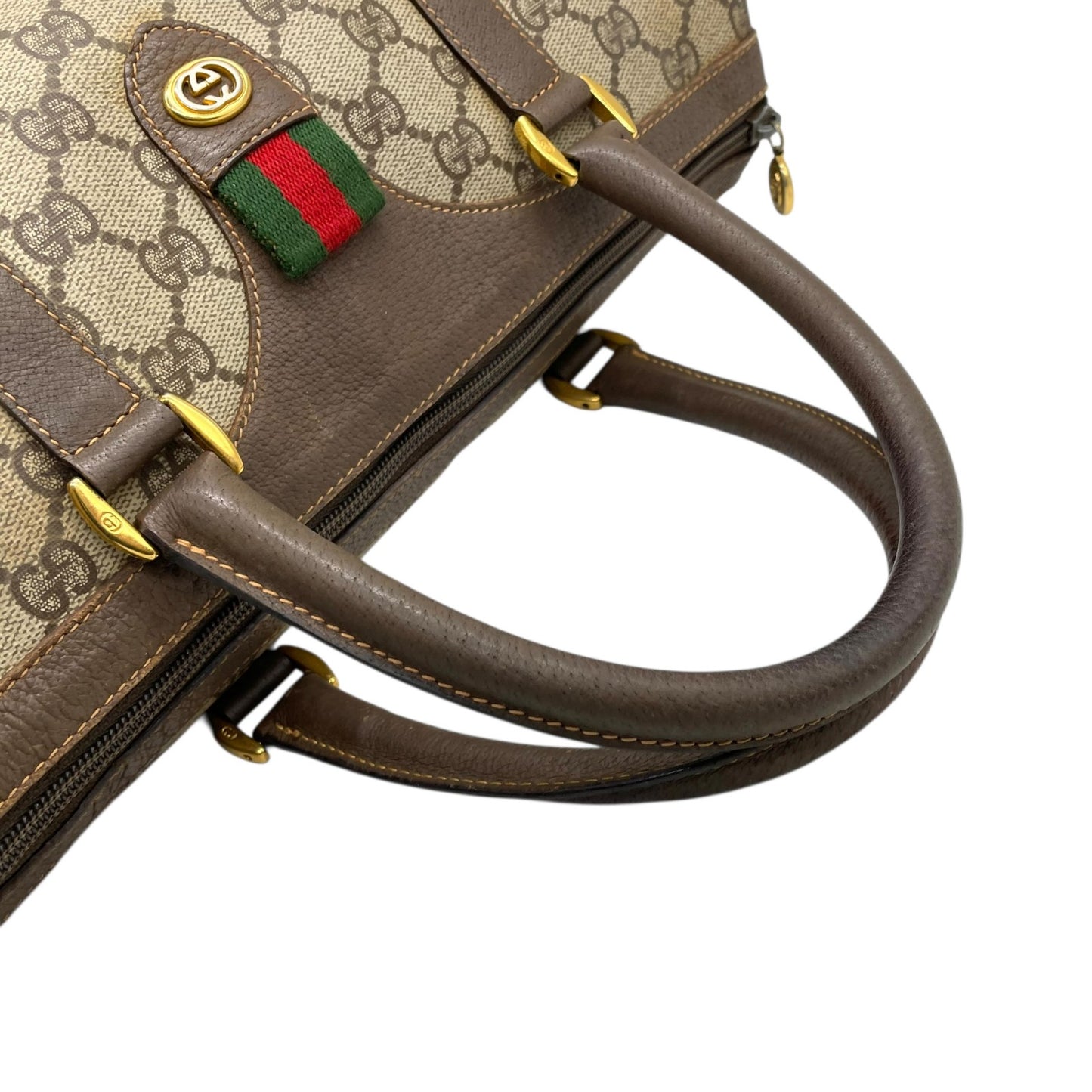グッチ GUCCI オールドグッチ シェリーライン GGスプリーム ミニボストンバッグ PVC レザー ベージュ ブラウン ゴールド金具 ビンテージ クラシック エレガント 希少 レア イタリア製 インターロッキングGG ロゴ 自立可 レディース E