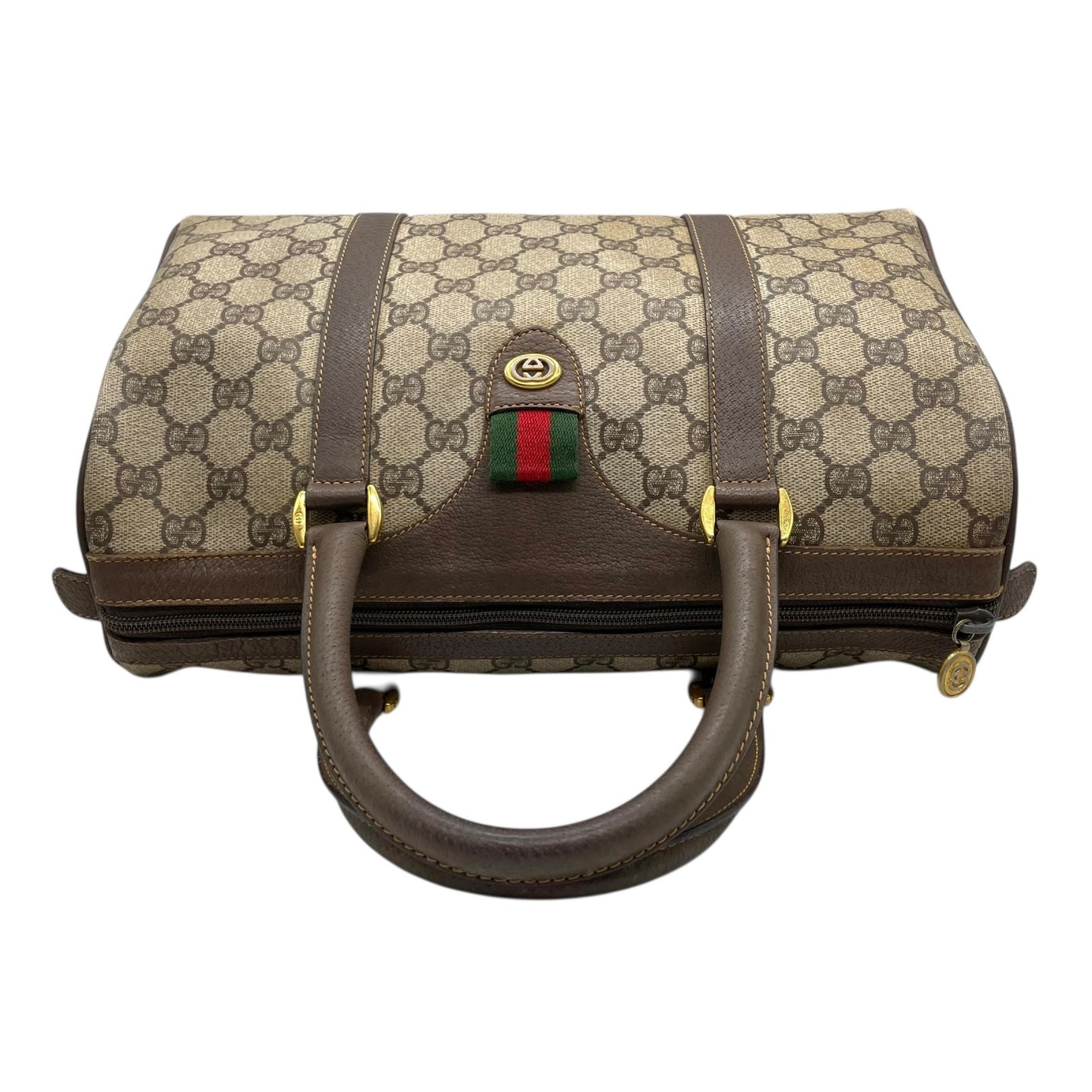 グッチ GUCCI オールドグッチ シェリーライン GGスプリーム ミニボストンバッグ PVC レザー ベージュ ブラウン ゴールド金具 ビンテージ クラシック エレガント 希少 レア イタリア製 インターロッキングGG ロゴ 自立可 レディース E