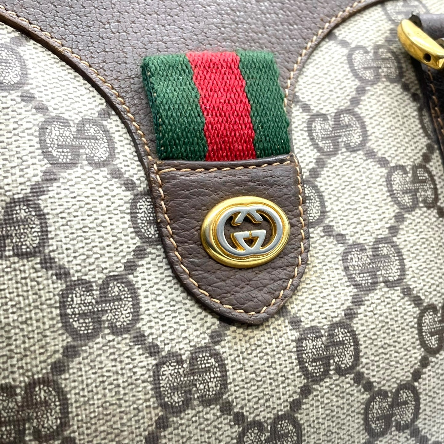 グッチ GUCCI オールドグッチ シェリーライン GGスプリーム ミニボストンバッグ PVC レザー ベージュ ブラウン ゴールド金具 ビンテージ クラシック エレガント 希少 レア イタリア製 インターロッキングGG ロゴ 自立可 レディース E