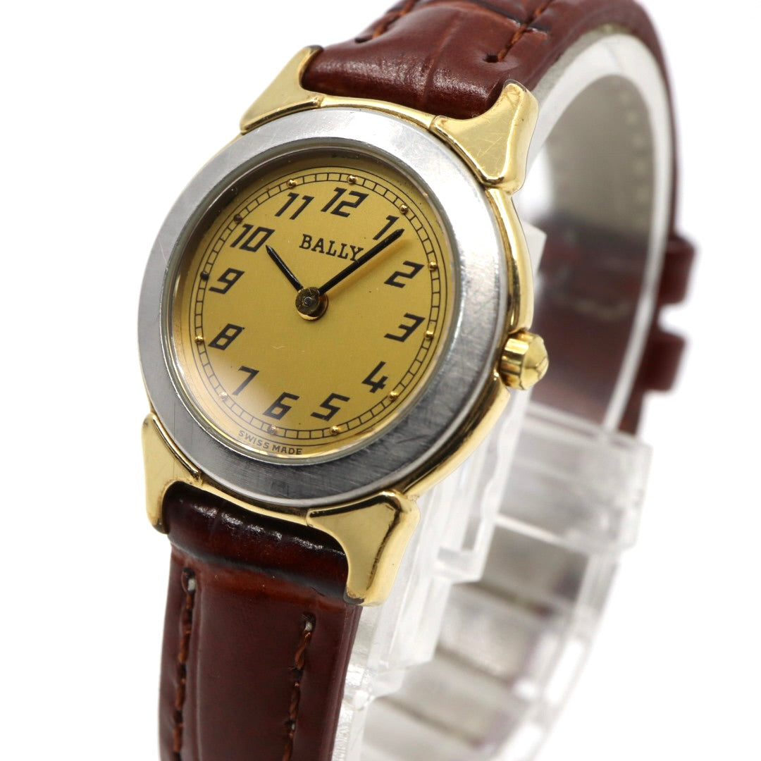 【電池交換済】美品 バリー BALLY 13.01 腕時計 レディース クオーツ アナログ ラウンド コンビカラー シルバー ゴールド ブラウンレザー 革ベルト アラビア数字 スイス製 ビンテージ クラシック 上品 G7