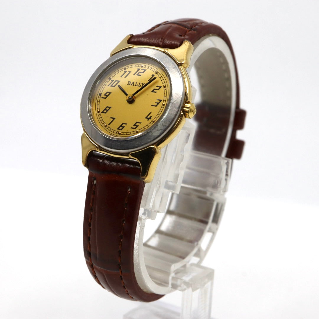 【電池交換済】美品 バリー BALLY 13.01 腕時計 レディース クオーツ アナログ ラウンド コンビカラー シルバー ゴールド ブラウンレザー 革ベルト アラビア数字 スイス製 ビンテージ クラシック 上品 G7