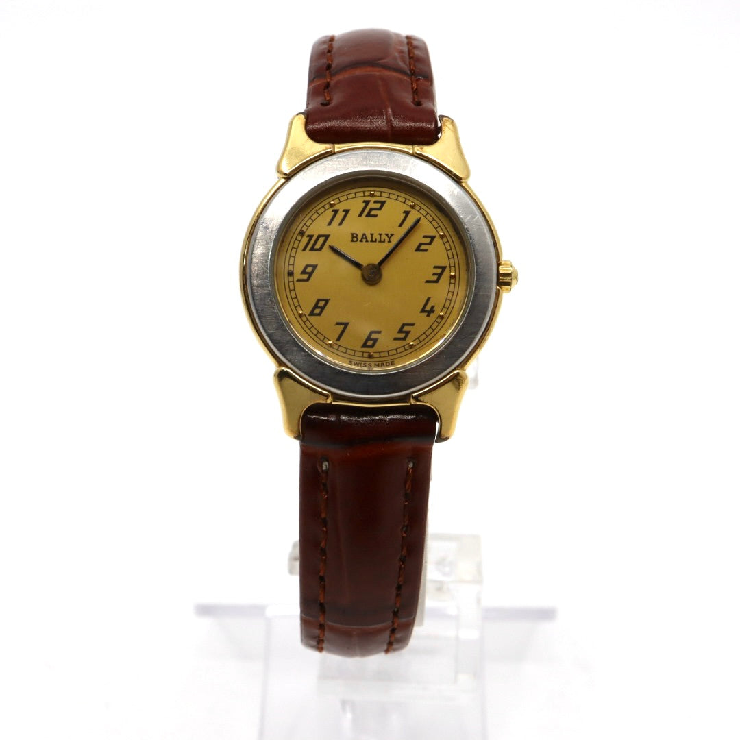 【電池交換済】美品 バリー BALLY 13.01 腕時計 レディース クオーツ アナログ ラウンド コンビカラー シルバー ゴールド ブラウンレザー 革ベルト アラビア数字 スイス製 ビンテージ クラシック 上品 G7