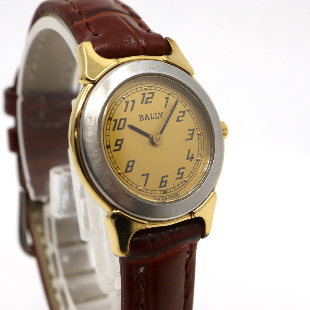 【電池交換済】美品 バリー BALLY 13.01 腕時計 レディース クオーツ アナログ ラウンド コンビカラー シルバー ゴールド ブラウンレザー 革ベルト アラビア数字 スイス製 ビンテージ クラシック 上品 G7