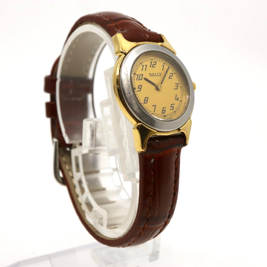 【電池交換済】美品 バリー BALLY 13.01 腕時計 レディース クオーツ アナログ ラウンド コンビカラー シルバー ゴールド ブラウンレザー 革ベルト アラビア数字 スイス製 ビンテージ クラシック 上品 G7