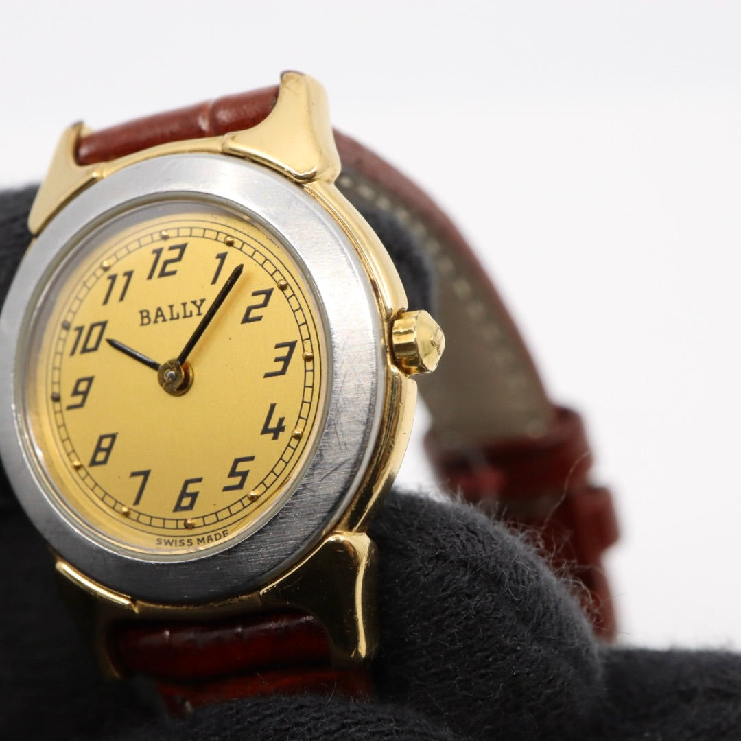 【電池交換済】美品 バリー BALLY 13.01 腕時計 レディース クオーツ アナログ ラウンド コンビカラー シルバー ゴールド ブラウンレザー 革ベルト アラビア数字 スイス製 ビンテージ クラシック 上品 G7