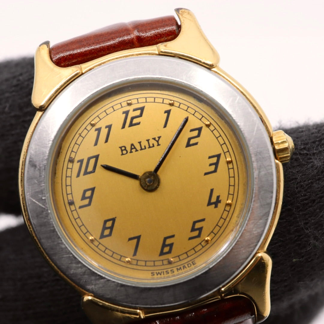 【電池交換済】美品 バリー BALLY 13.01 腕時計 レディース クオーツ アナログ ラウンド コンビカラー シルバー ゴールド ブラウンレザー 革ベルト アラビア数字 スイス製 ビンテージ クラシック 上品 G7