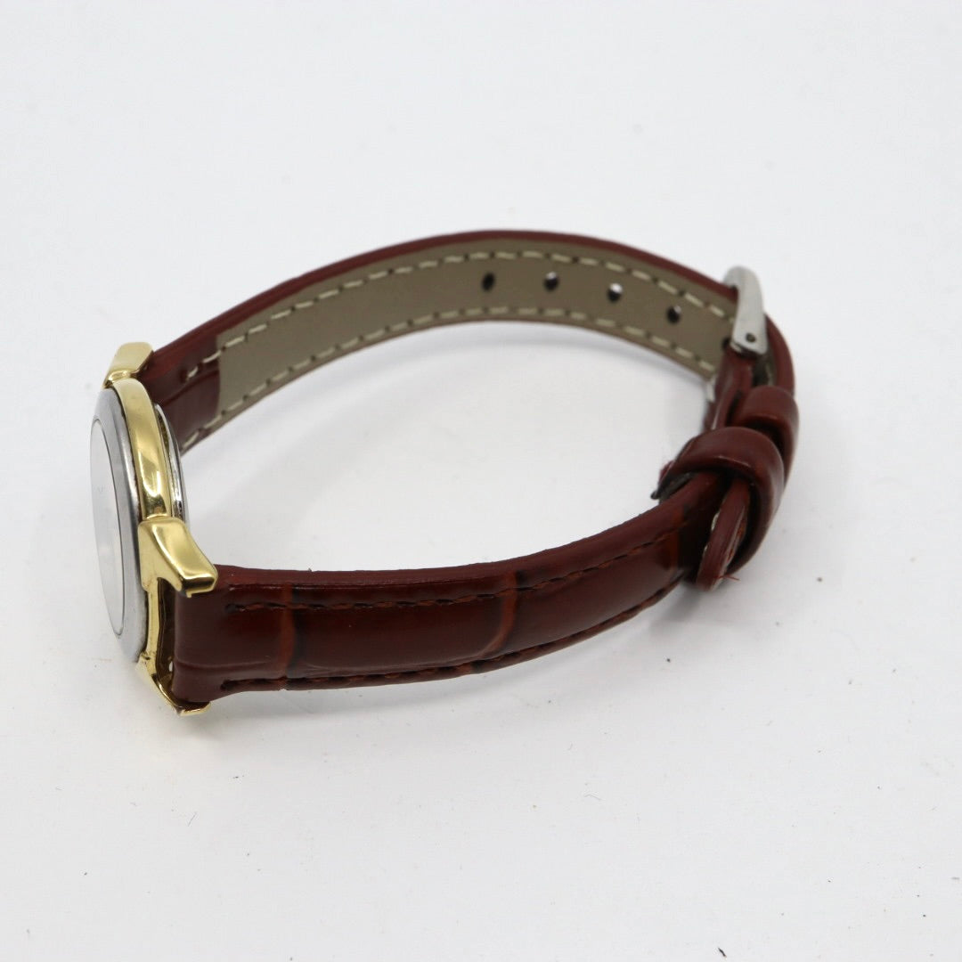 【電池交換済】美品 バリー BALLY 13.01 腕時計 レディース クオーツ アナログ ラウンド コンビカラー シルバー ゴールド ブラウンレザー 革ベルト アラビア数字 スイス製 ビンテージ クラシック 上品 G7