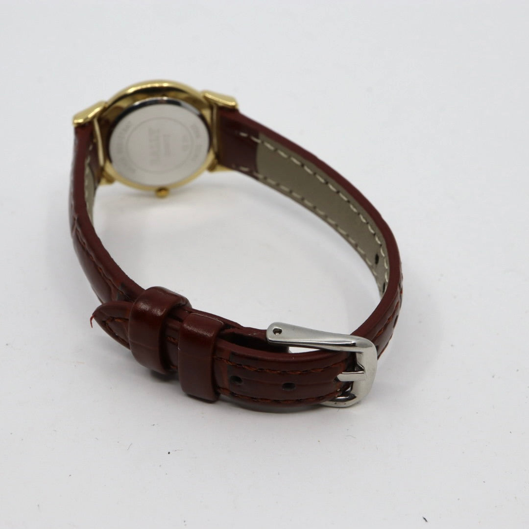 【電池交換済】美品 バリー BALLY 13.01 腕時計 レディース クオーツ アナログ ラウンド コンビカラー シルバー ゴールド ブラウンレザー 革ベルト アラビア数字 スイス製 ビンテージ クラシック 上品 G7