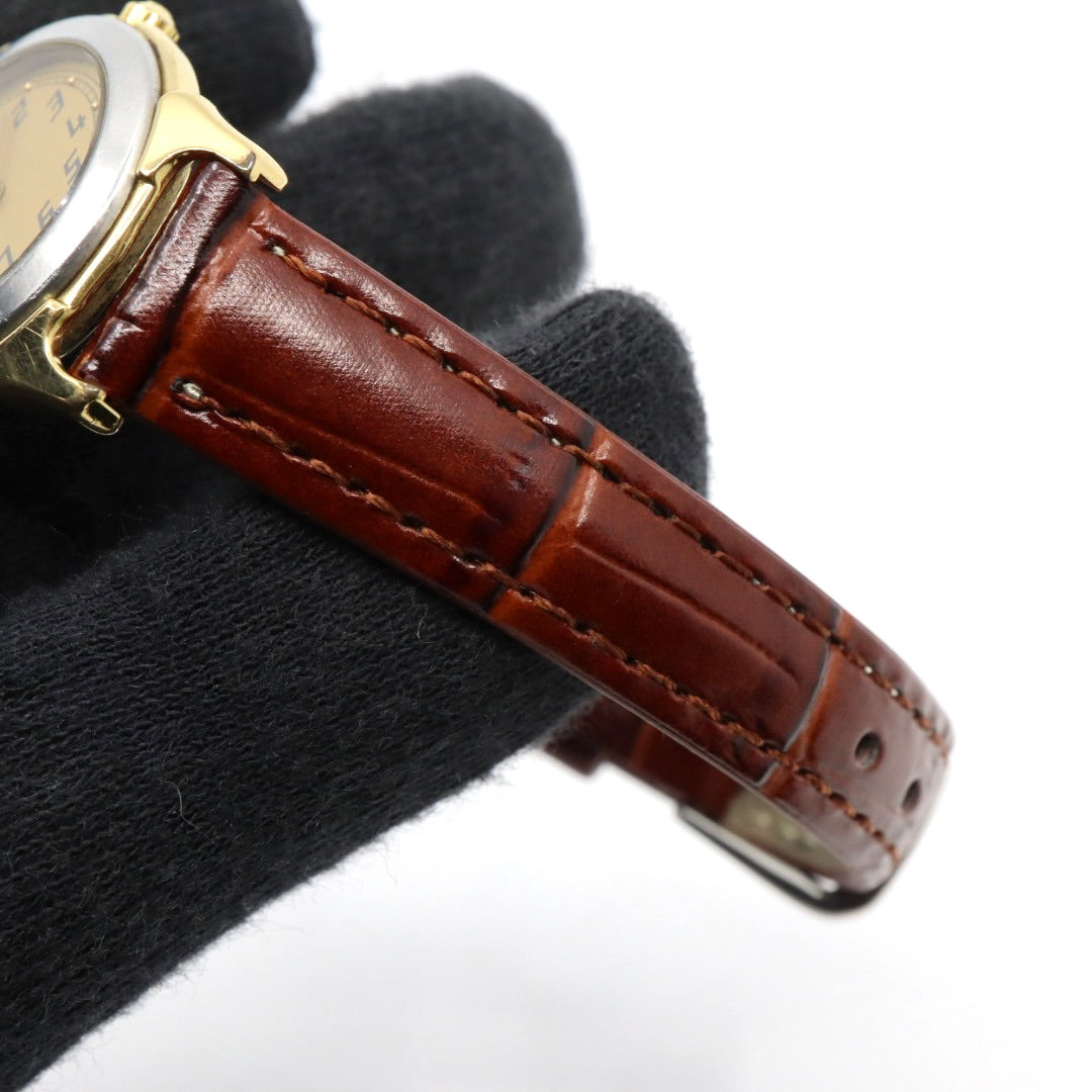 【電池交換済】美品 バリー BALLY 13.01 腕時計 レディース クオーツ アナログ ラウンド コンビカラー シルバー ゴールド ブラウンレザー 革ベルト アラビア数字 スイス製 ビンテージ クラシック 上品 G7