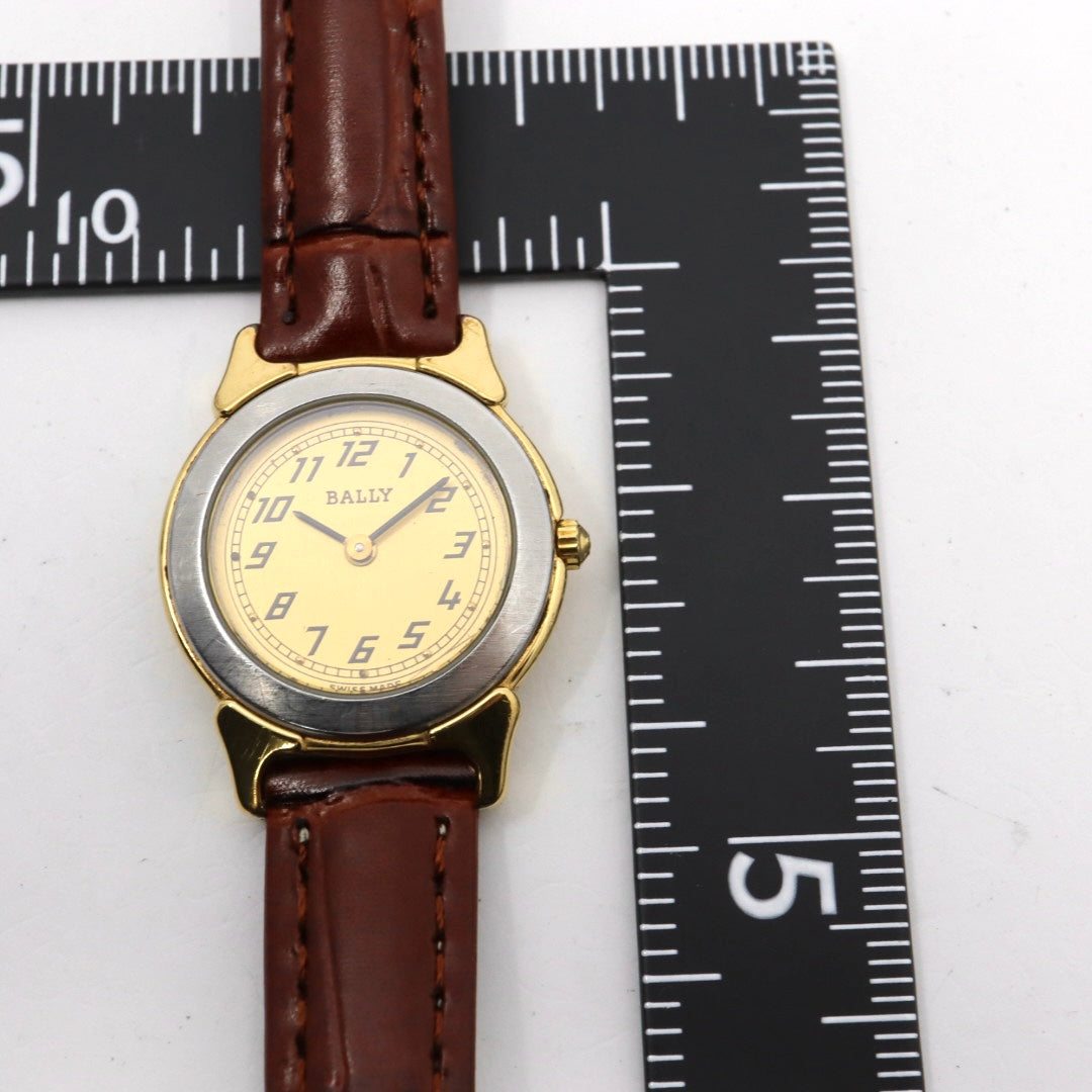 【電池交換済】美品 バリー BALLY 13.01 腕時計 レディース クオーツ アナログ ラウンド コンビカラー シルバー ゴールド ブラウンレザー 革ベルト アラビア数字 スイス製 ビンテージ クラシック 上品 G7