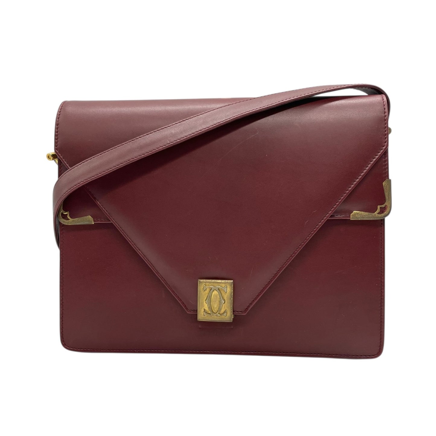 Cartier カルティエ Must de Cartier マストライン レザー ショルダーバッグ ダブルフラップ ボルドー ゴールド金具 クラシック レディース D3