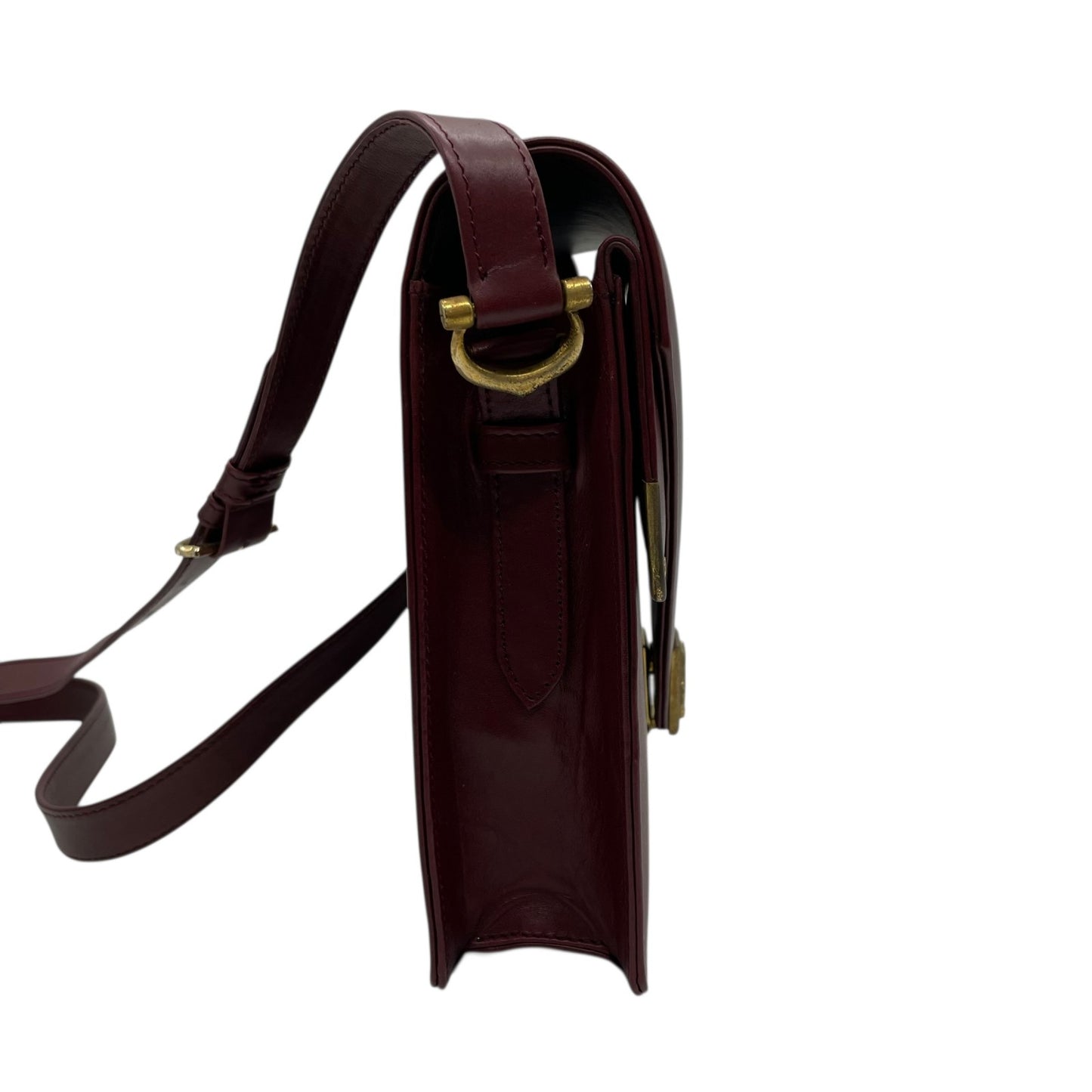 Cartier カルティエ Must de Cartier マストライン レザー ショルダーバッグ ダブルフラップ ボルドー ゴールド金具 クラシック レディース D3