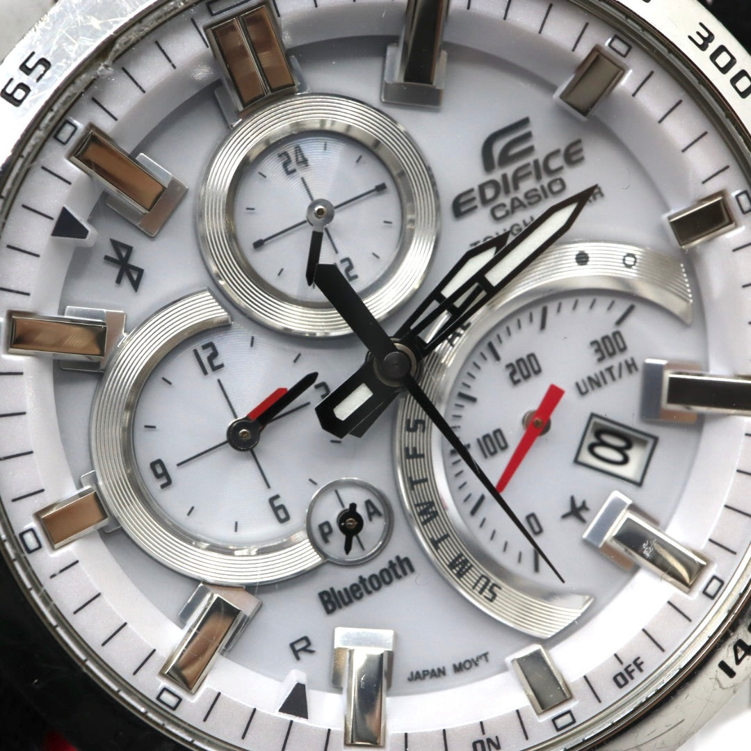 【稼働品】カシオ CASIO エディフィス EDIFICE EQB-501 タフソーラー Bluetooth搭載 モバイルリンク クロノグラフ ホワイト文字盤 シルバー ステンレス メンズ 腕時計 アナログ デュアルタイム 多機能 スポーティ ビジネス G7