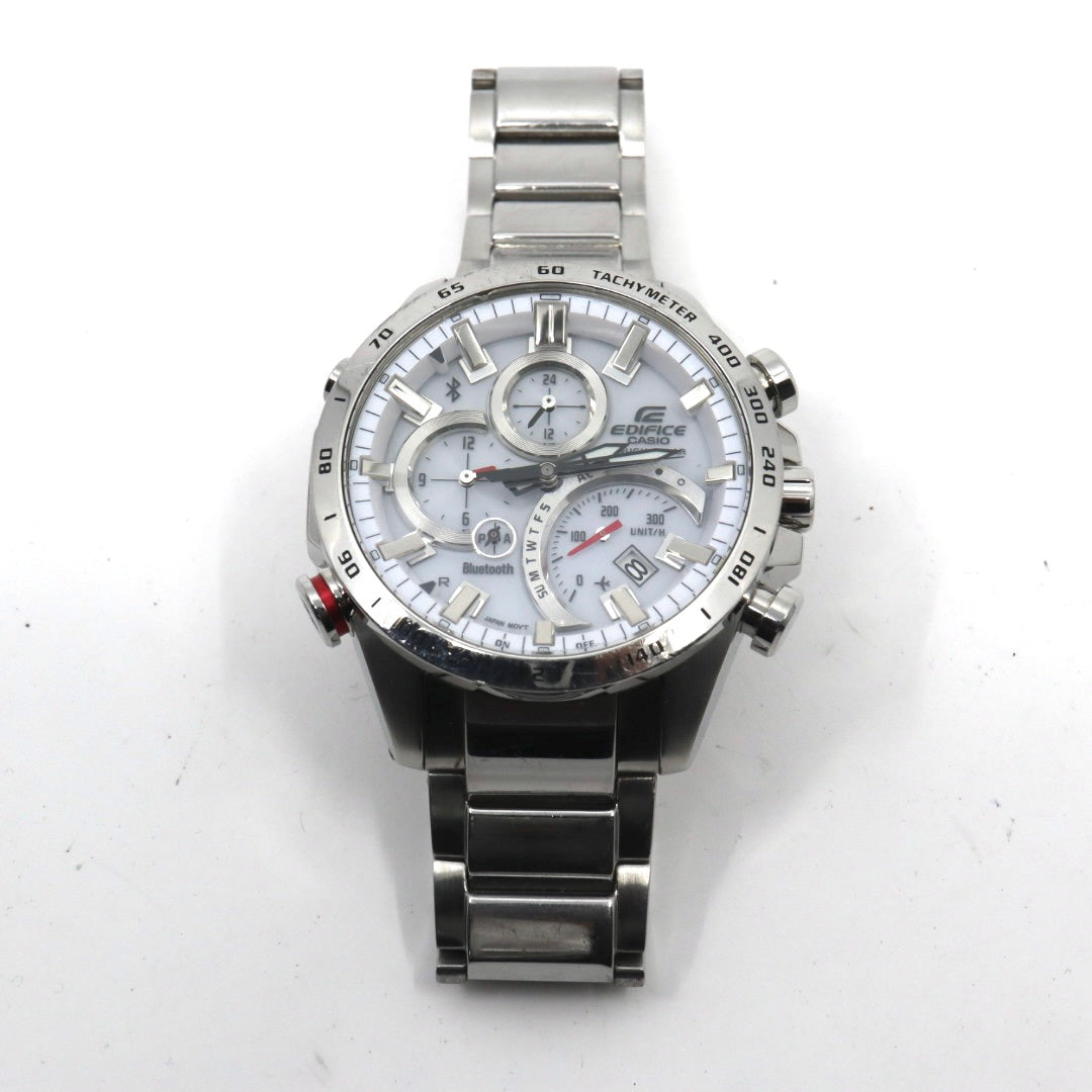 【稼働品】カシオ CASIO エディフィス EDIFICE EQB-501 タフソーラー Bluetooth搭載 モバイルリンク クロノグラフ ホワイト文字盤 シルバー ステンレス メンズ 腕時計 アナログ デュアルタイム 多機能 スポーティ ビジネス G7