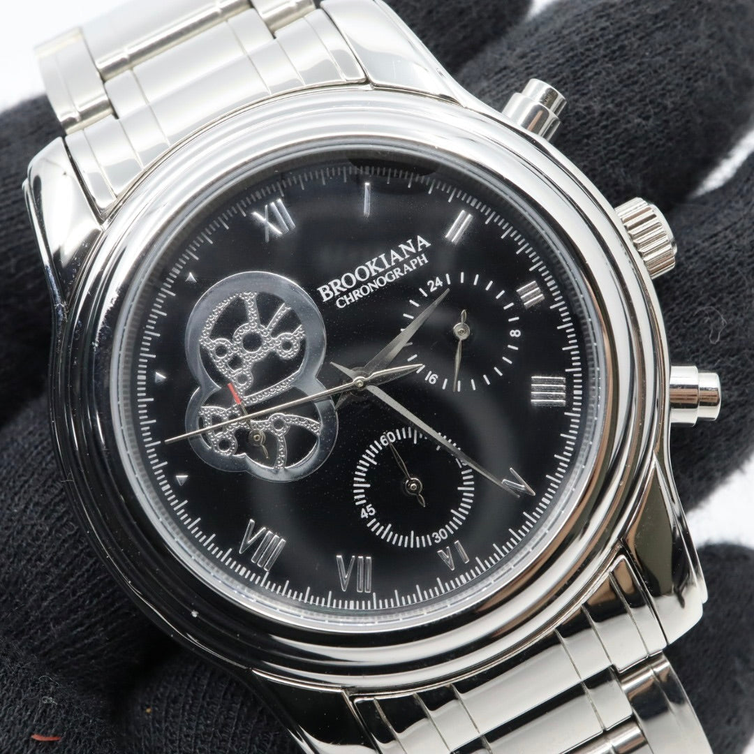 【新品電池交換済】美品 ブルッキアーナ BROOKIANA クロノグラフ BA1617 メンズ 腕時計 クォーツ アナログ デイト シルバー ブラック 黒文字盤 青石リューズ カボション ビッグフェイス ステンレス 3針 男性用 ビジネス カジュアル 箱付 G
