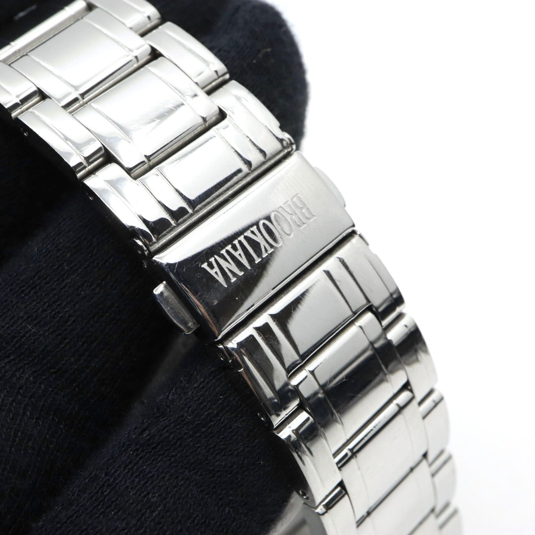 【新品電池交換済】美品 ブルッキアーナ BROOKIANA クロノグラフ BA1617 メンズ 腕時計 クォーツ アナログ デイト シルバー ブラック 黒文字盤 青石リューズ カボション ビッグフェイス ステンレス 3針 男性用 ビジネス カジュアル 箱付 G