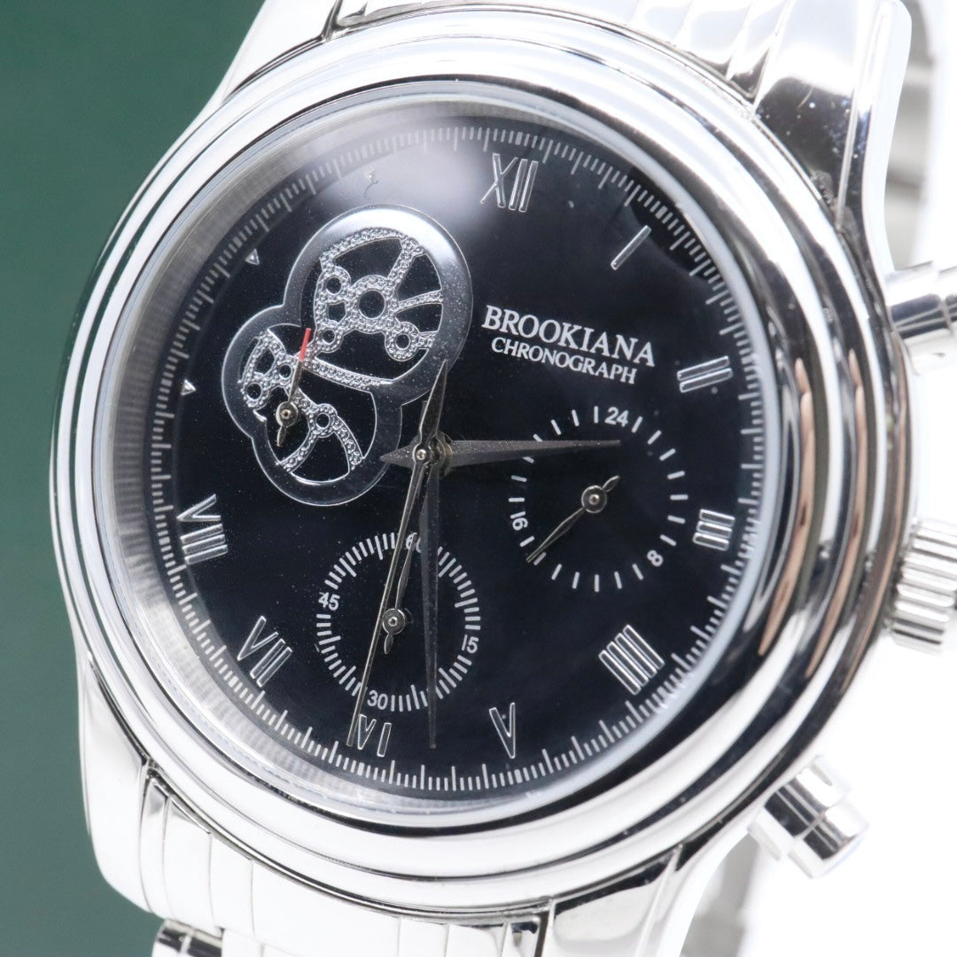 【新品電池交換済】美品 ブルッキアーナ BROOKIANA クロノグラフ BA1617 メンズ 腕時計 クォーツ アナログ デイト シルバー ブラック 黒文字盤 青石リューズ カボション ビッグフェイス ステンレス 3針 男性用 ビジネス カジュアル 箱付 G