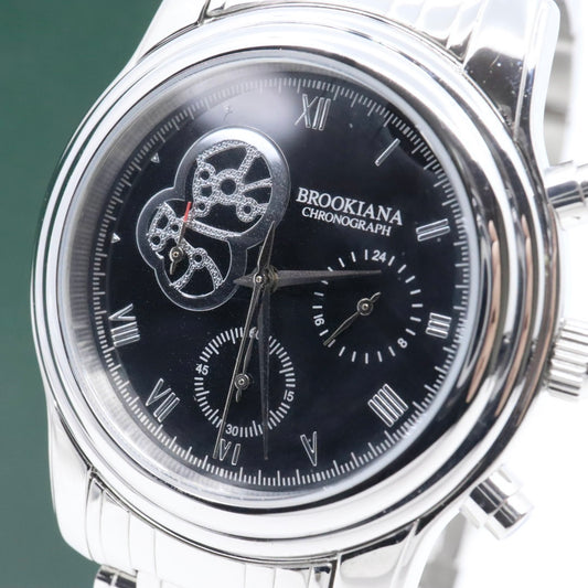 【新品電池交換済】美品 ブルッキアーナ BROOKIANA クロノグラフ BA1617 メンズ 腕時計 クォーツ アナログ デイト シルバー ブラック 黒文字盤 青石リューズ カボション ビッグフェイス ステンレス 3針 男性用 ビジネス カジュアル 箱付 G