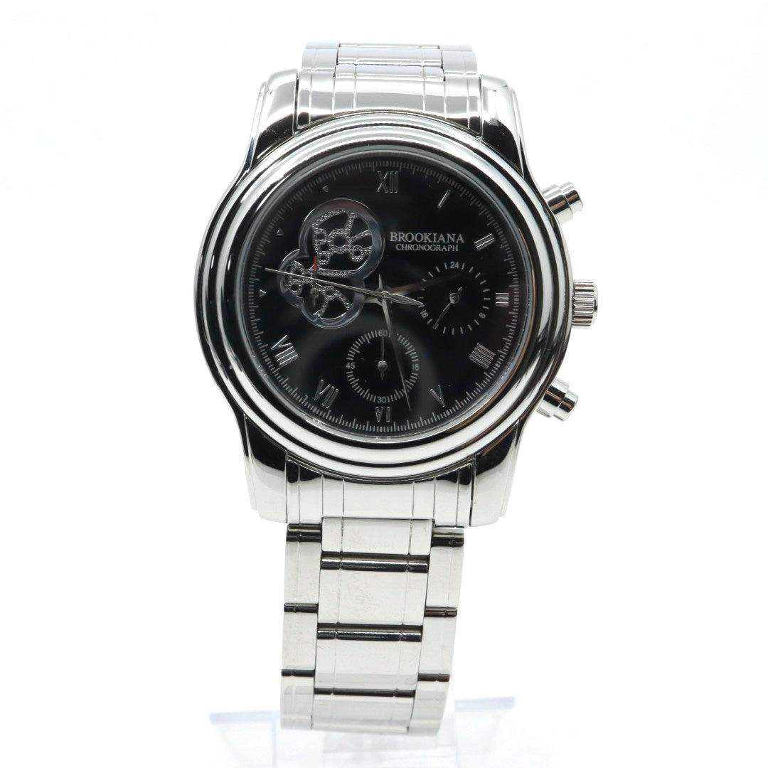 【新品電池交換済】美品 ブルッキアーナ BROOKIANA クロノグラフ BA1617 メンズ 腕時計 クォーツ アナログ デイト シルバー ブラック 黒文字盤 青石リューズ カボション ビッグフェイス ステンレス 3針 男性用 ビジネス カジュアル 箱付 G