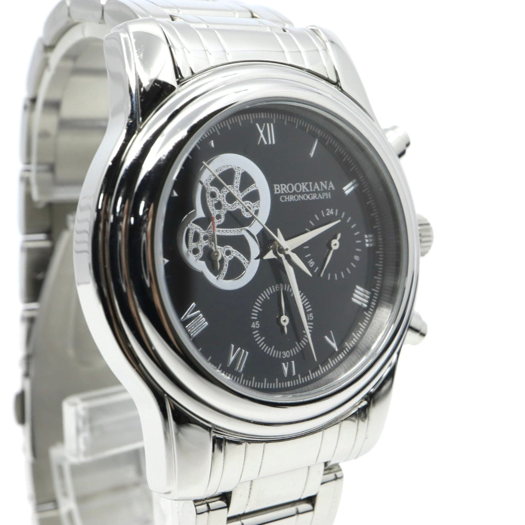 【新品電池交換済】美品 ブルッキアーナ BROOKIANA クロノグラフ BA1617 メンズ 腕時計 クォーツ アナログ デイト シルバー ブラック 黒文字盤 青石リューズ カボション ビッグフェイス ステンレス 3針 男性用 ビジネス カジュアル 箱付 G