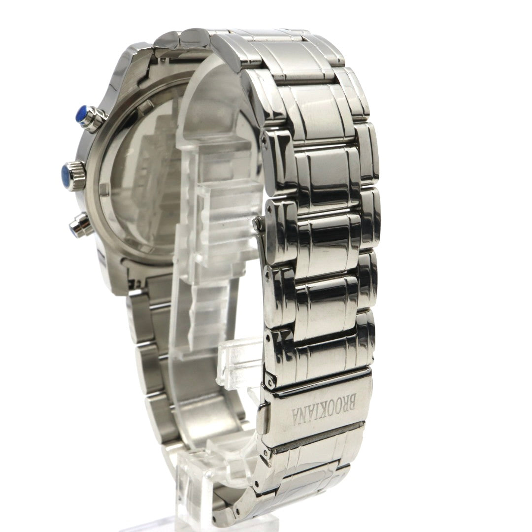 【新品電池交換済】美品 ブルッキアーナ BROOKIANA クロノグラフ BA1617 メンズ 腕時計 クォーツ アナログ デイト シルバー ブラック 黒文字盤 青石リューズ カボション ビッグフェイス ステンレス 3針 男性用 ビジネス カジュアル 箱付 G