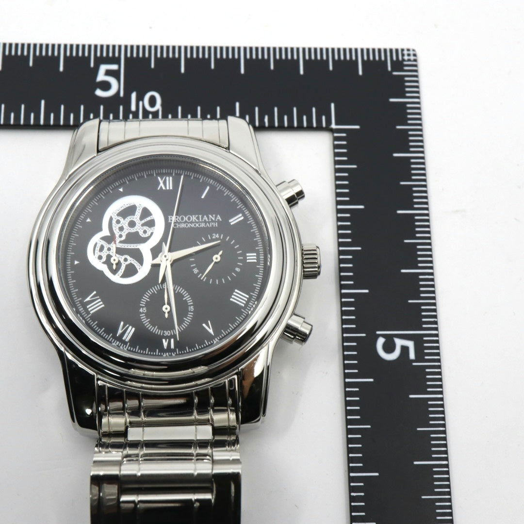 【新品電池交換済】美品 ブルッキアーナ BROOKIANA クロノグラフ BA1617 メンズ 腕時計 クォーツ アナログ デイト シルバー ブラック 黒文字盤 青石リューズ カボション ビッグフェイス ステンレス 3針 男性用 ビジネス カジュアル 箱付 G