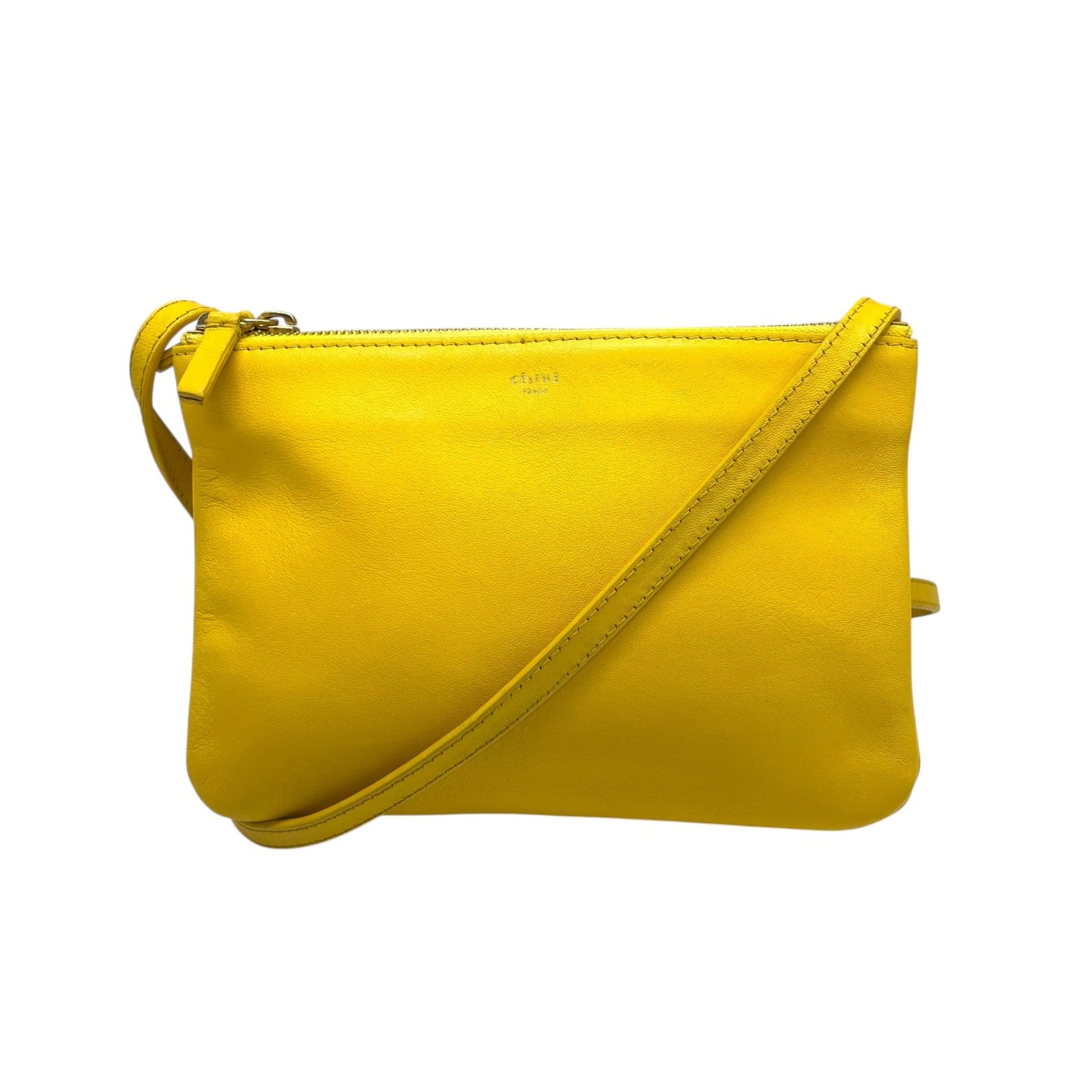 CELINE セリーヌ Trio Small トリオ スモール ショルダーバッグ E2 クロスボディバッグ ラムスキン レザー イエロー ゴールド金具 フィービー期 3連ポーチ レディース