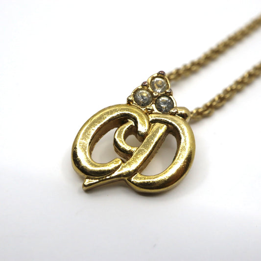 クリスチャンディオール ネックレス CDロゴ ゴールドカラー 金メッキ ラインストーン ヴィンテージ レディース i2