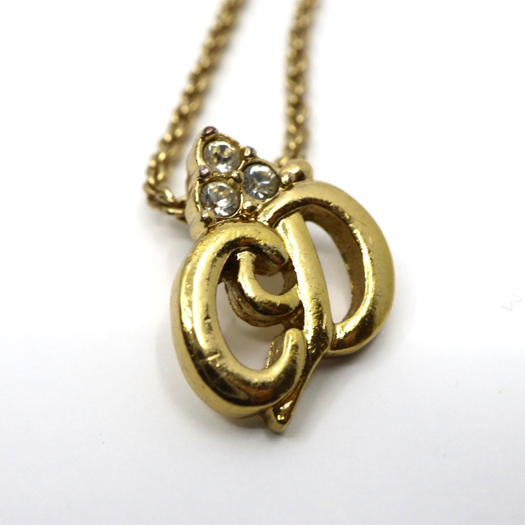 クリスチャンディオール ネックレス CDロゴ ゴールドカラー 金メッキ ラインストーン ヴィンテージ レディース i2