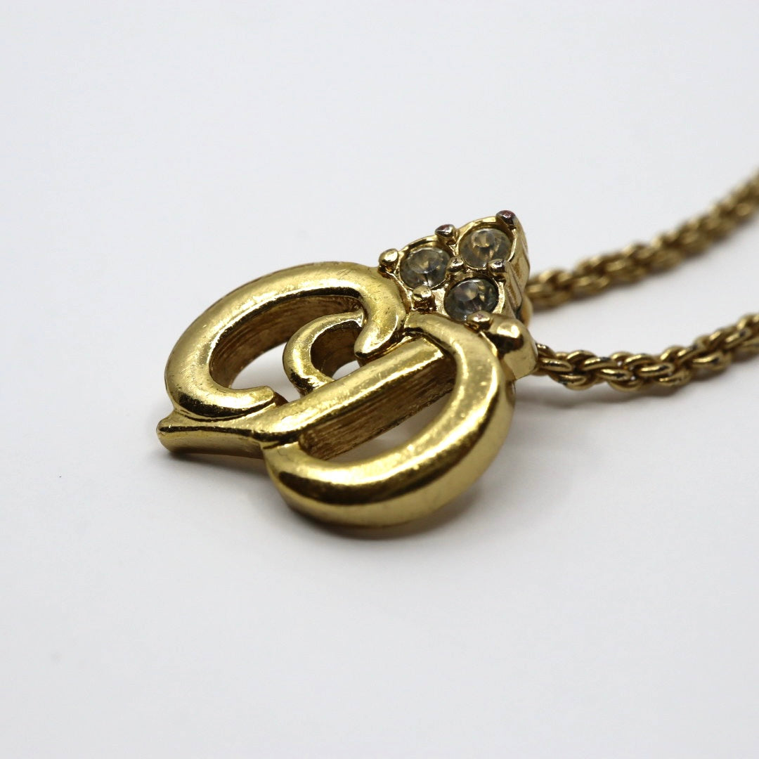 クリスチャンディオール ネックレス CDロゴ ゴールドカラー 金メッキ ラインストーン ヴィンテージ レディース i2