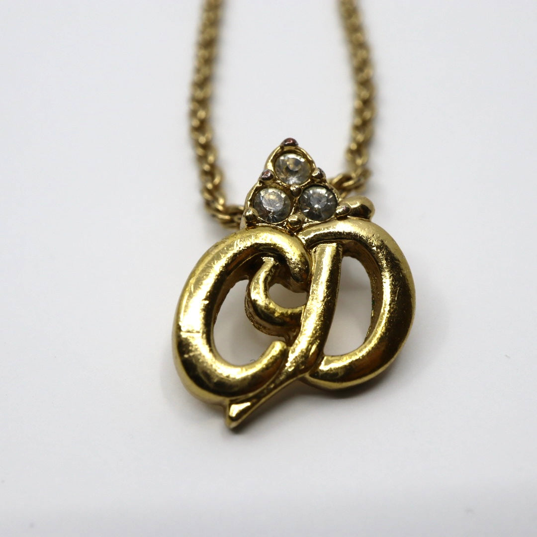 クリスチャンディオール ネックレス CDロゴ ゴールドカラー 金メッキ ラインストーン ヴィンテージ レディース i2