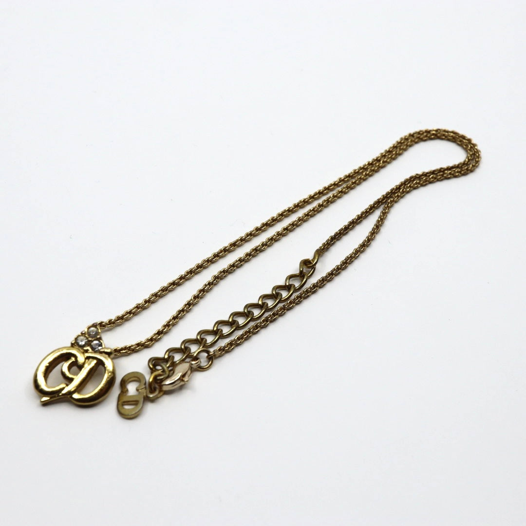 クリスチャンディオール ネックレス CDロゴ ゴールドカラー 金メッキ ラインストーン ヴィンテージ レディース i2