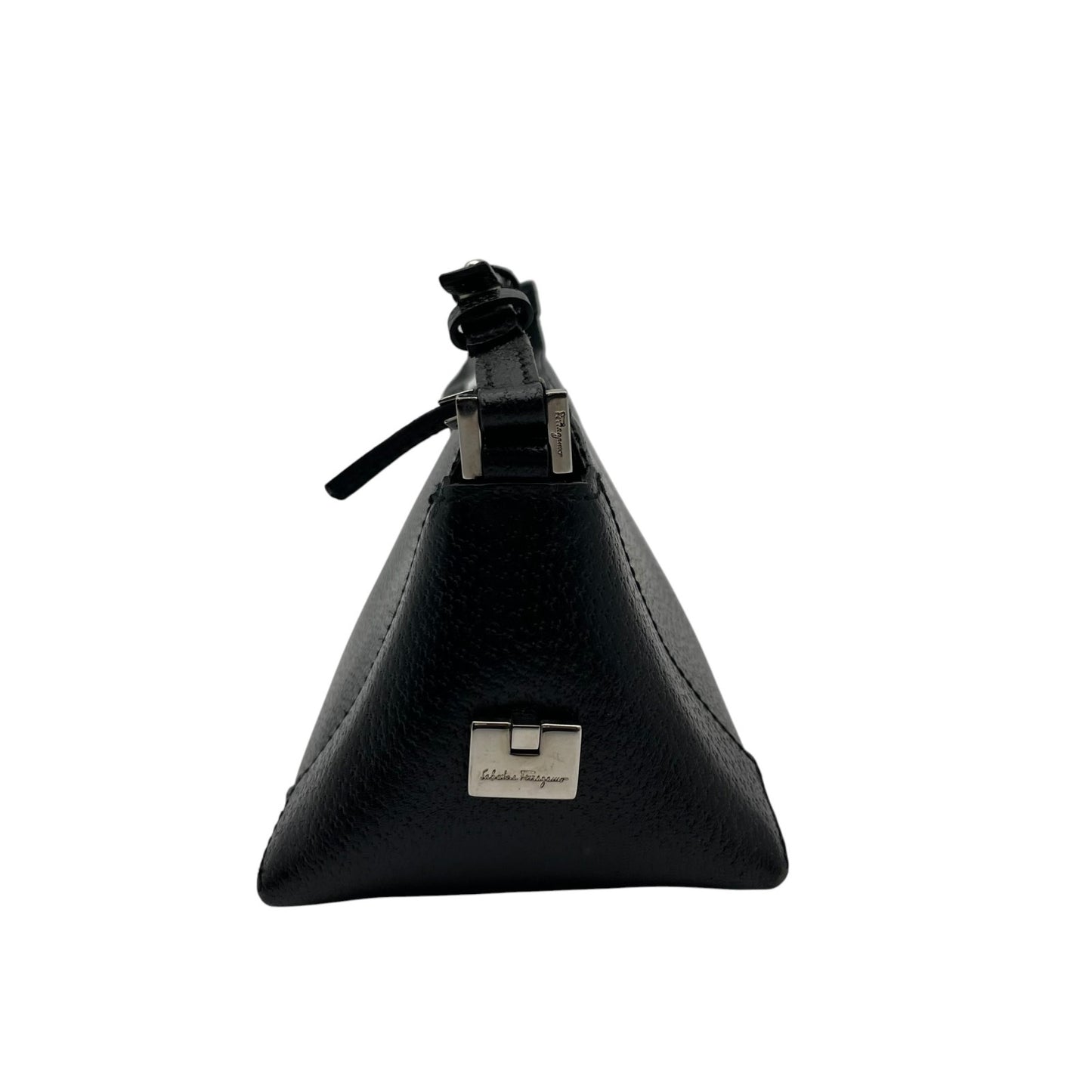 【良品】 サルヴァトーレ フェラガモ Salvatore Ferragamo アクセサリーポーチ ミニハンドバッグ レザー 本革 ブラック 黒 シルバー金具 ガンチーニ 自立可 エレガント 上品 鞄 お出かけ パーティー レディース 定番 人気 S93