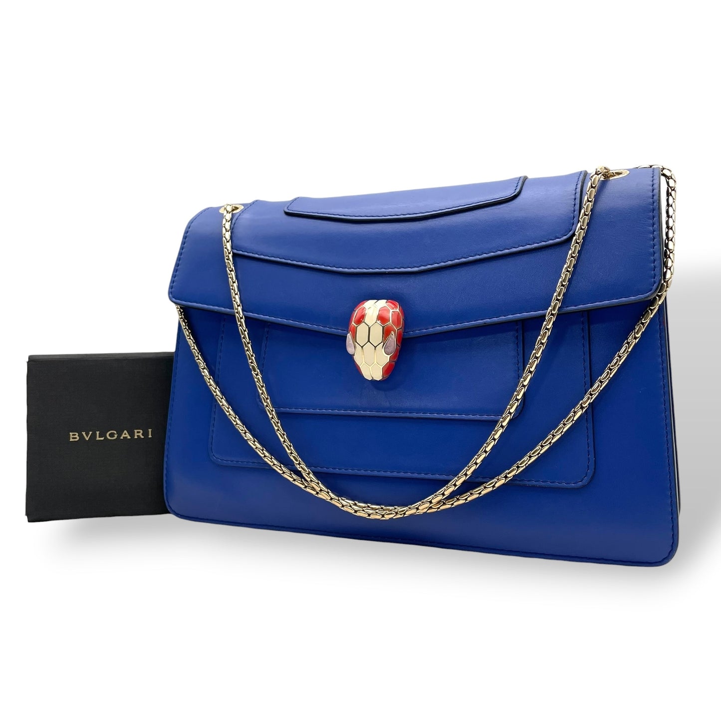 ブルガリ BVLGARI セルペンティ フォーエバー 38102 ショルダーバッグ カーフレザー ブルー ゴールド金具 チェーン レディース D