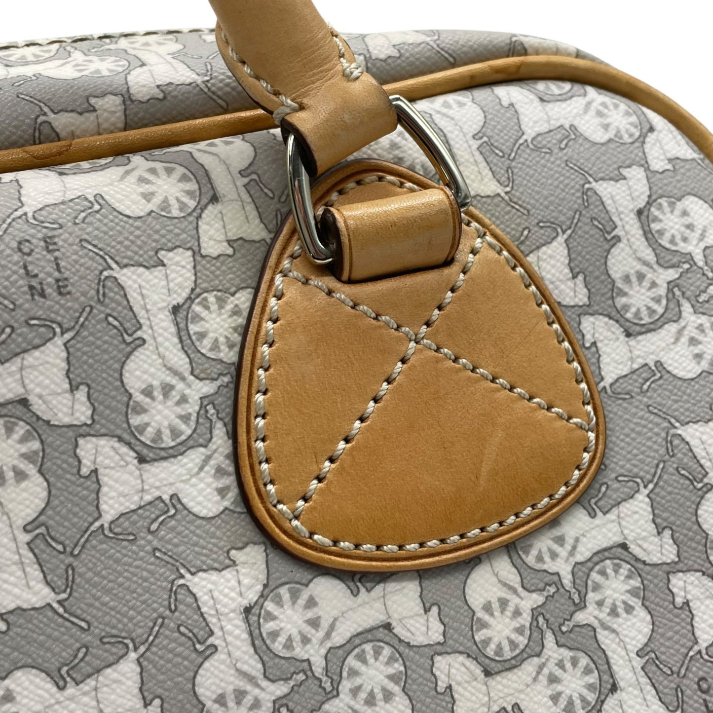 CELINE セリーヌ サルキー 馬車柄 ミニボストンバッグ ハンドバッグ U12 PVC レザー グレー ベージュ ホワイト ハンドバッグ 総柄 ヴィンテージ クラシック ボストンバッグ レディース