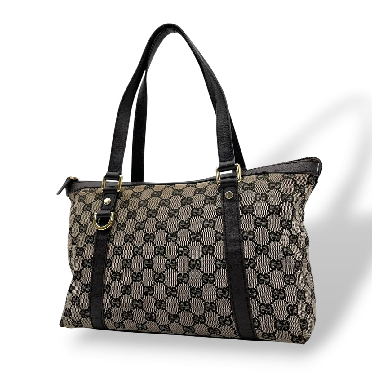 グッチ GUCCI GGキャンバス レザー トートバッグ ショルダーバッグ 肩掛け A4サイズ収納可能 キャンバス 本革 グレー ダークブラウン 茶 ゴールド金具 チャーム用Dカン 272399 エレガント クラシカル 通勤 通学 レディース D2