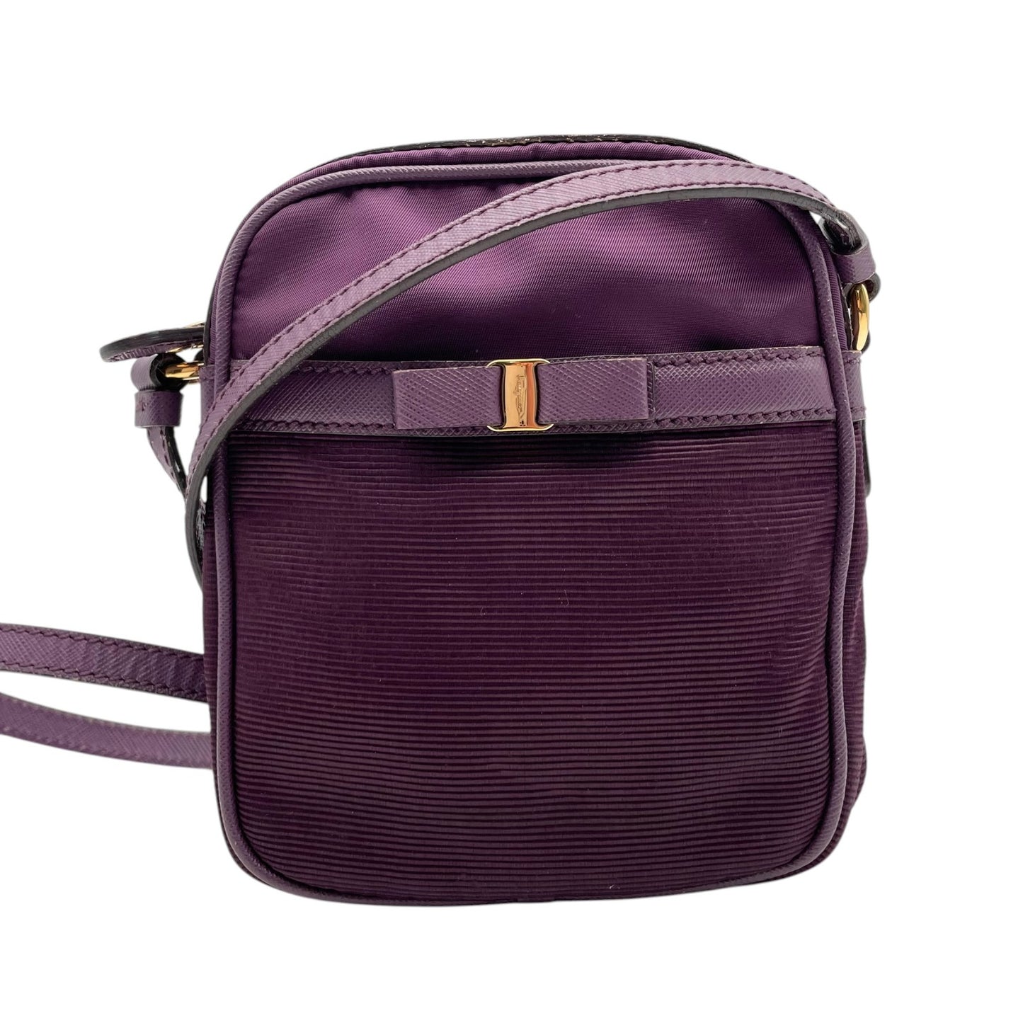 Salvatore Ferragamo フェラガモ ヴァラリボン ミニショルダーバッグ ナイロン レザー 紫 パープル ゴールド金具 斜め掛け ポシェット イタリア製 レディース U8