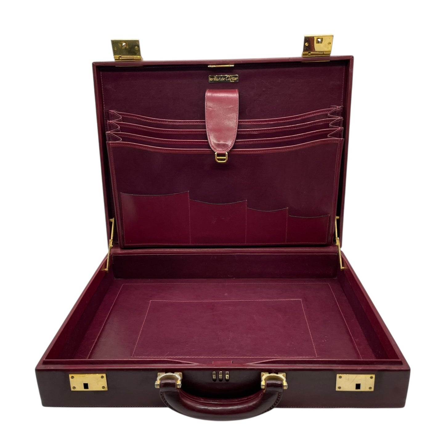 Cartier カルティエ Must de Cartier レザー アタッシュケース ビジネスバッグ ボルドー ゴールド金具 マストライン ブリーフケース メンズ E
