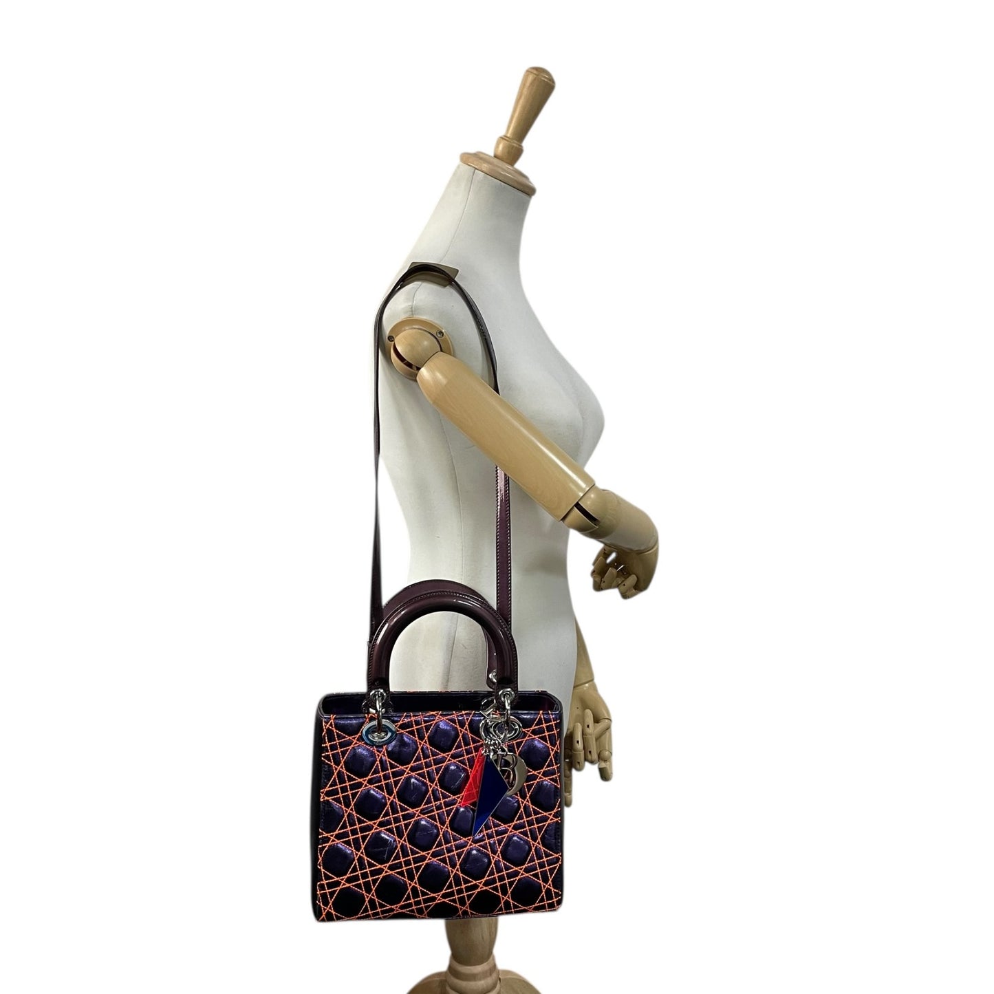 クリスチャン・ディオール Lady Dior アンゼルム・レイレ カナージュ レザー 2WAY ハンドバッグ ネイビー オレンジステッチ シルバー金具 ショルダーストラップ付 レディディオール