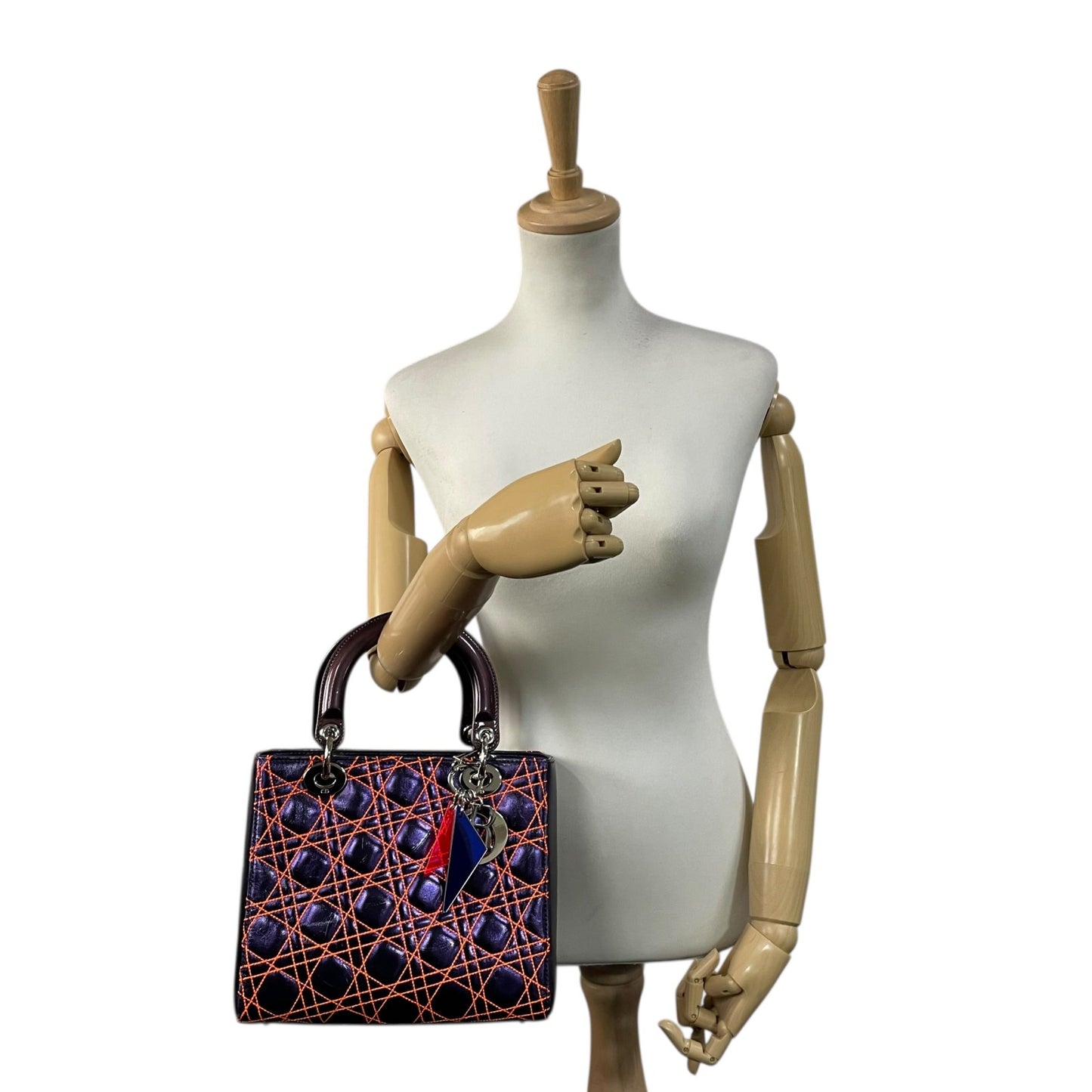 クリスチャン・ディオール Lady Dior アンゼルム・レイレ カナージュ レザー 2WAY ハンドバッグ ネイビー オレンジステッチ シルバー金具 ショルダーストラップ付 レディディオール