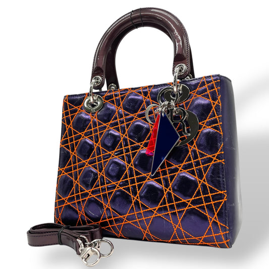 クリスチャン・ディオール Lady Dior アンゼルム・レイレ カナージュ レザー 2WAY ハンドバッグ ネイビー オレンジステッチ シルバー金具 ショルダーストラップ付 レディディオール