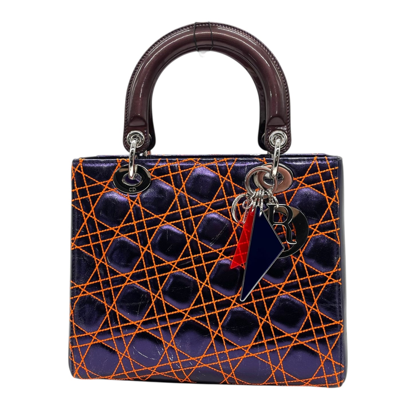 クリスチャン・ディオール Lady Dior アンゼルム・レイレ カナージュ レザー 2WAY ハンドバッグ ネイビー オレンジステッチ シルバー金具 ショルダーストラップ付 レディディオール