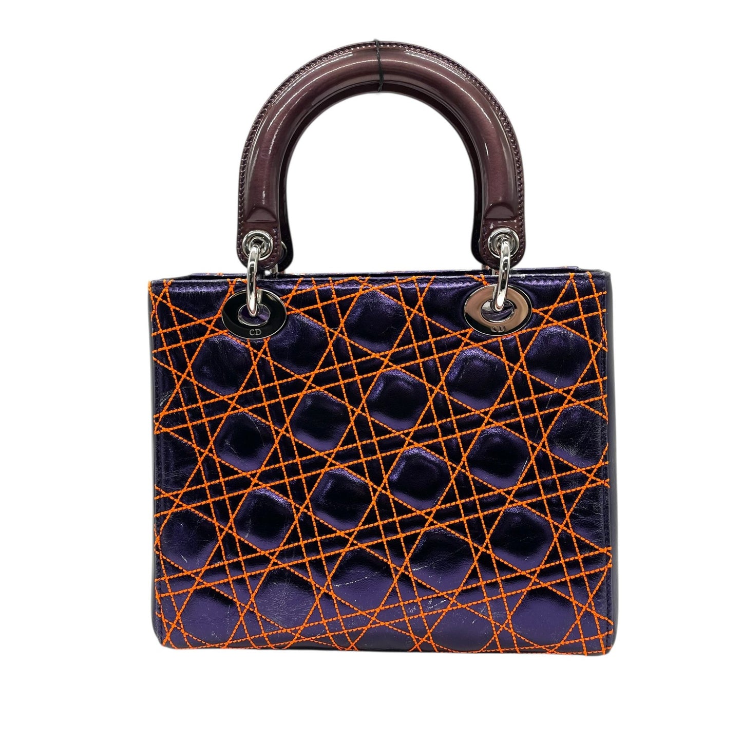 クリスチャン・ディオール Lady Dior アンゼルム・レイレ カナージュ レザー 2WAY ハンドバッグ ネイビー オレンジステッチ シルバー金具 ショルダーストラップ付 レディディオール