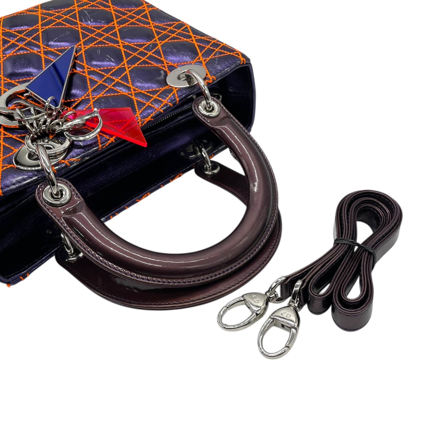 クリスチャン・ディオール Lady Dior アンゼルム・レイレ カナージュ レザー 2WAY ハンドバッグ ネイビー オレンジステッチ シルバー金具 ショルダーストラップ付 レディディオール