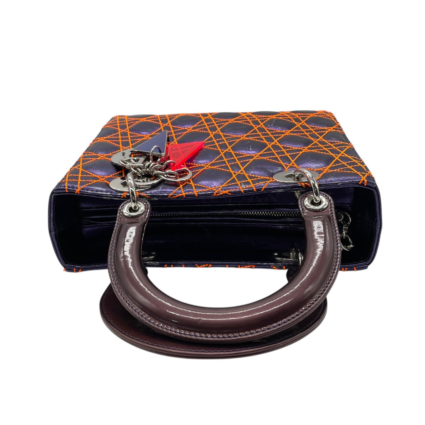 クリスチャン・ディオール Lady Dior アンゼルム・レイレ カナージュ レザー 2WAY ハンドバッグ ネイビー オレンジステッチ シルバー金具 ショルダーストラップ付 レディディオール