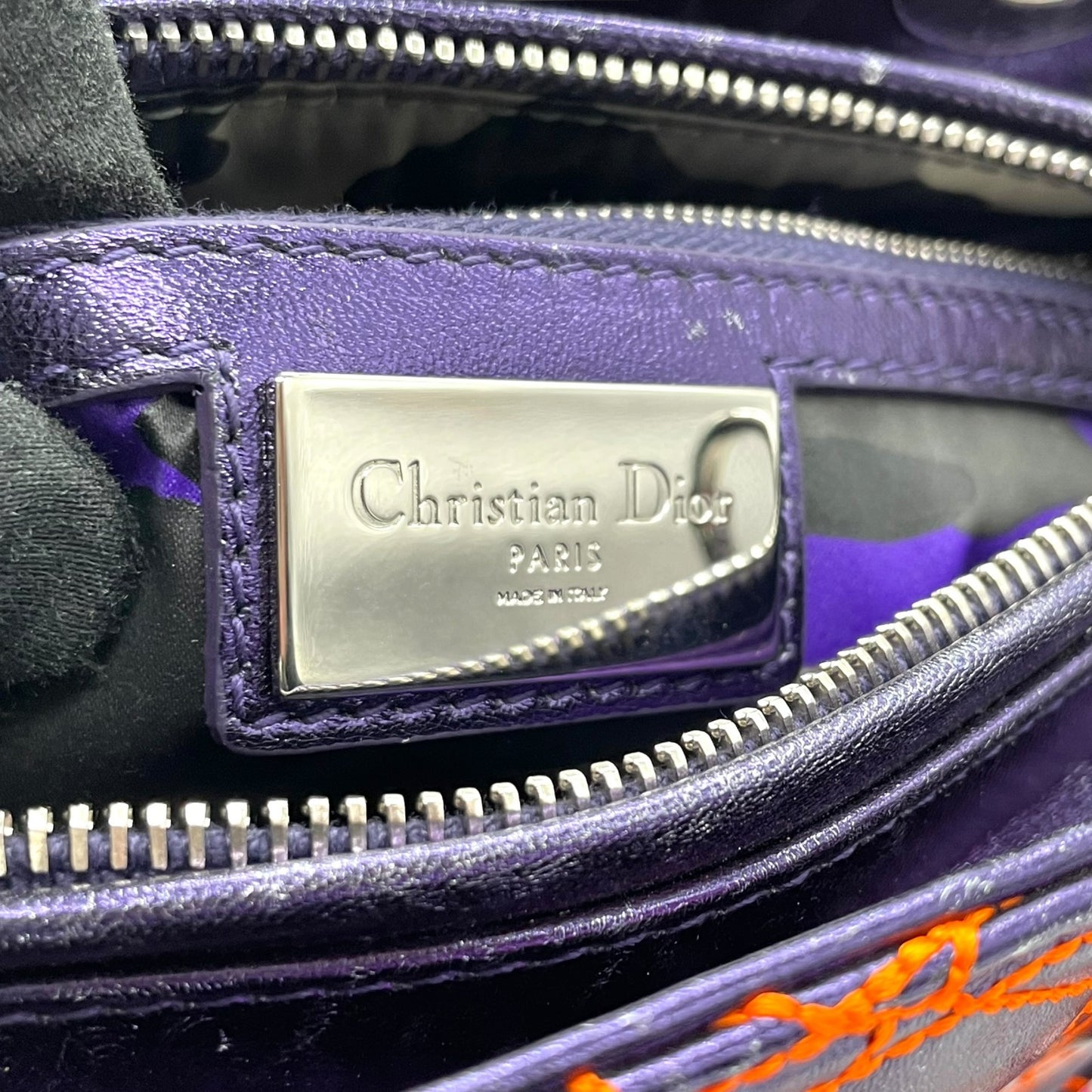 クリスチャン・ディオール Lady Dior アンゼルム・レイレ カナージュ レザー 2WAY ハンドバッグ ネイビー オレンジステッチ シルバー金具 ショルダーストラップ付 レディディオール