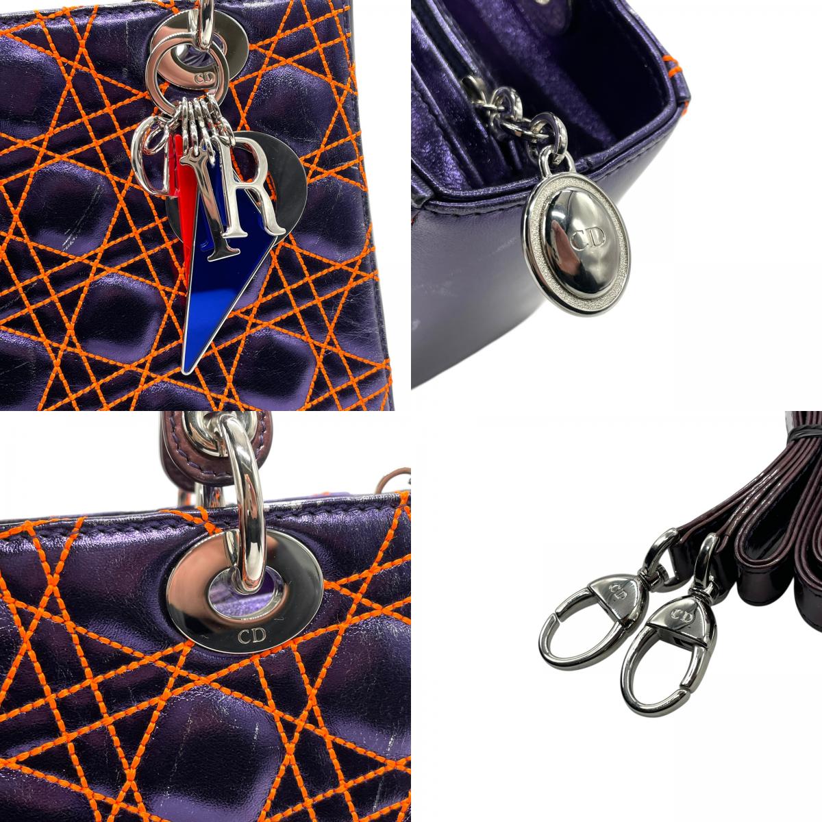 クリスチャン・ディオール Lady Dior アンゼルム・レイレ カナージュ レザー 2WAY ハンドバッグ ネイビー オレンジステッチ シルバー金具 ショルダーストラップ付 レディディオール