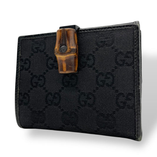 GUCCI グッチ GGキャンバス バンブー 三つ折り財布 二つ折り財布 黒 ブラック レザー コンパクトウォレット GG柄 クラシック ミニ財布 レディース W4