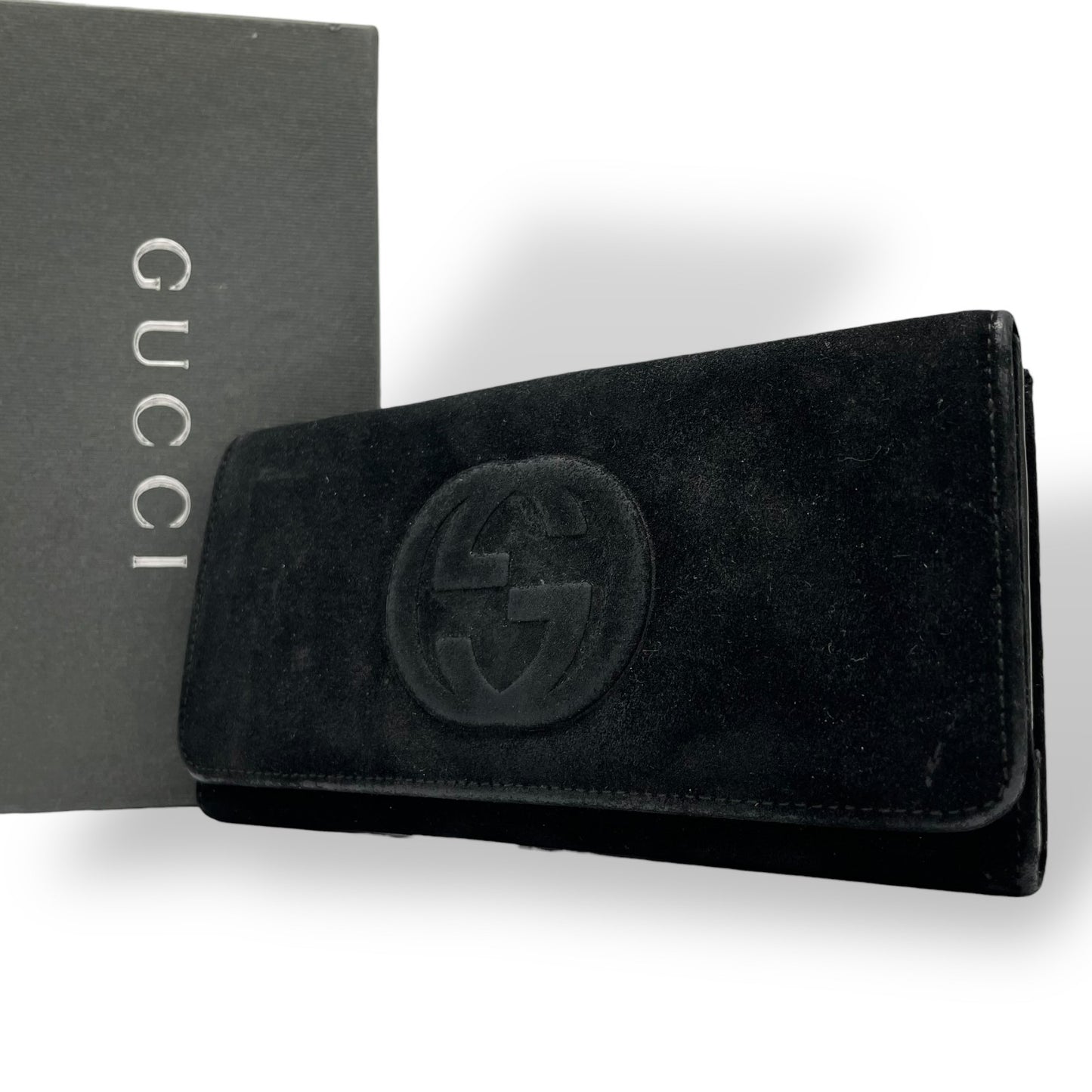 GUCCI グッチ インターロッキングG スエード レザー 二つ折り 長財布 ブラック シルバー金具 035・0959 メンズ レディース W3